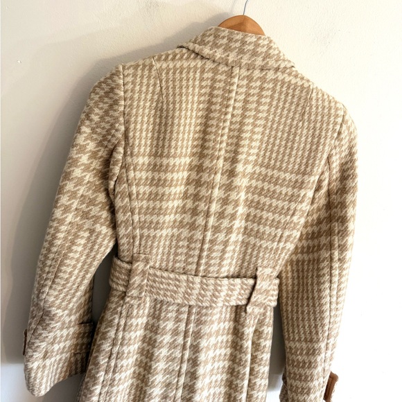 Vintage J. Crew Houndstooth long Wool Coat Tan Cream Size 4 P Checkered belted - Picture 13 of 16